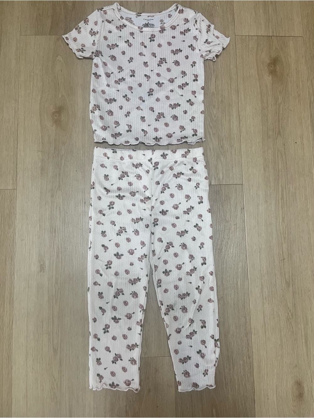 Kids White Floral Ribbed Set